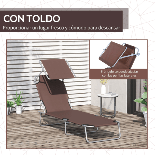 Outsunny Conjunto de 2 Espreguiçadeiras Dobráveis Espreguiçadeiras de Jardim Reclináveis com Toldo Removível Encosto Ajustável em 5 Níveis para Terraço Piscina 187x58x36 cm Marrom