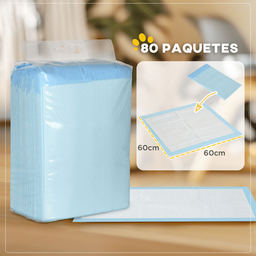 PawHut Resguardos de Treino Animais de Estimação 80 Unidades 45x60 cm Resguardos Absorventes para Cães Desenho com 6 Camadas com Superfície de Secagem Rápida Azul