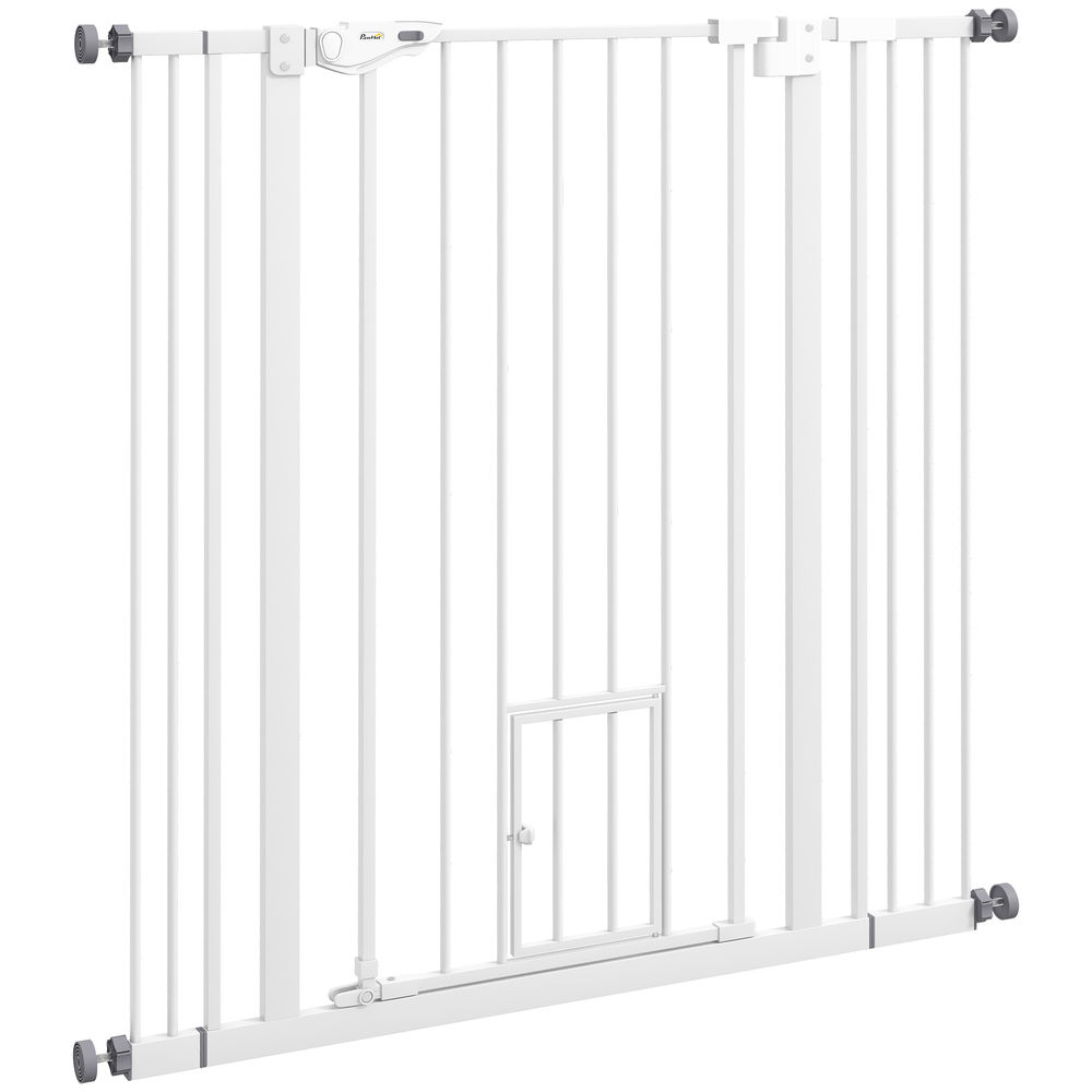Pawhut barrera de seguridad para perros con 1 puerta pequeña 74-101x104,1 cm barrera para mascotas extensible con cierre automático y sistema de doble bloqueo para puerta pasillo escalera blanco