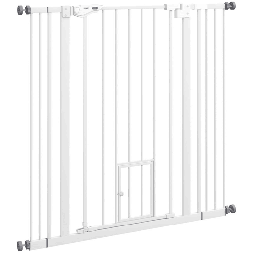PawHut Barreira de Segurança para Cães com Porta Pequena Barreira para Animais de Estimação Extensível com Fechamento Automático e Sistema Duplo de Bloqueio 74-101x104,1 cm Branco
