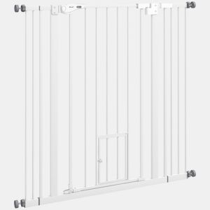 PawHut Barreira de Segurança para Cães com Porta Pequena Barreira para Animais de Estimação Extensível com Fechamento Automático e Sistema Duplo de Bloqueio 74-101x104,1 cm Branco