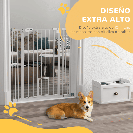 PawHut Barreira de Segurança para Cães com Porta Pequena Barreira para Animais de Estimação Extensível com Fechamento Automático e Sistema Duplo de Bloqueio 74-101x104,1 cm Branco