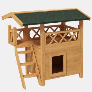PawHut Casa para Gatos de Madeira 77x50x73 cm Casa para Gatos com 2 Níveis com Teto Asfáltico Terraço Cercado Caverna e Escada para Interior e Exterior Madeira