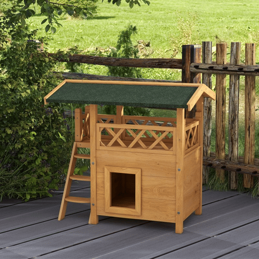 PawHut Casa para Gatos de Madeira 77x50x73 cm Casa para Gatos com 2 Níveis com Teto Asfáltico Terraço Cercado Caverna e Escada para Interior e Exterior Madeira