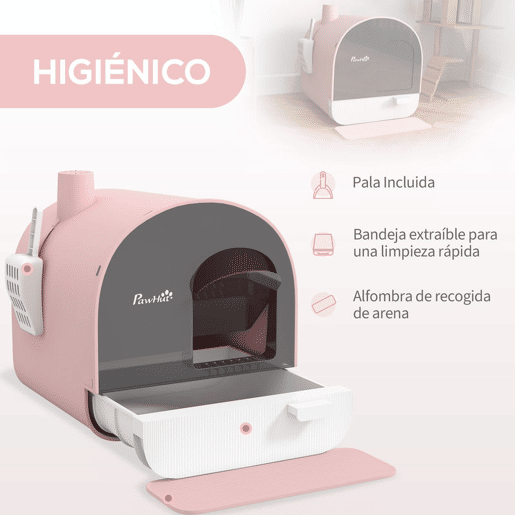 PawHut Caixa de Areia para Gatos Caixa de Areia Fechada para Gatos com Porta Dianteira Bandeja Removível Pá Tapete e Filtro 43x44x47 cm Rosa