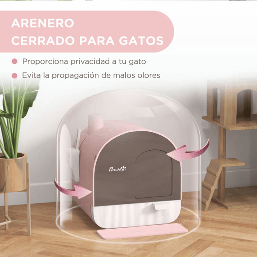 PawHut Caixa de Areia para Gatos Caixa de Areia Fechada para Gatos com Porta Dianteira Bandeja Removível Pá Tapete e Filtro 43x44x47 cm Rosa