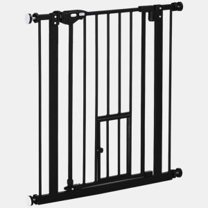 PawHut Barreira de Segurança para Cães Animais de Estimação 74-80cm para Escadas Portas e Corredor com Porta com Fechamento Automático e Sistema de Duplo Bloqueio Altura 76,2cm Preto