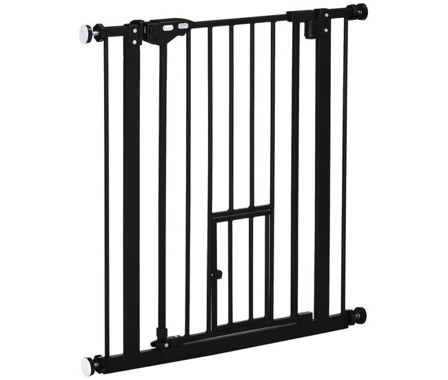 Pawhut barrera de seguridad para perros barrera para mascotas extensible con puerta pequeño cierre automático y sistema de doble bloqueo para puerta pasillo escalera 74-80x76,2 cm negro