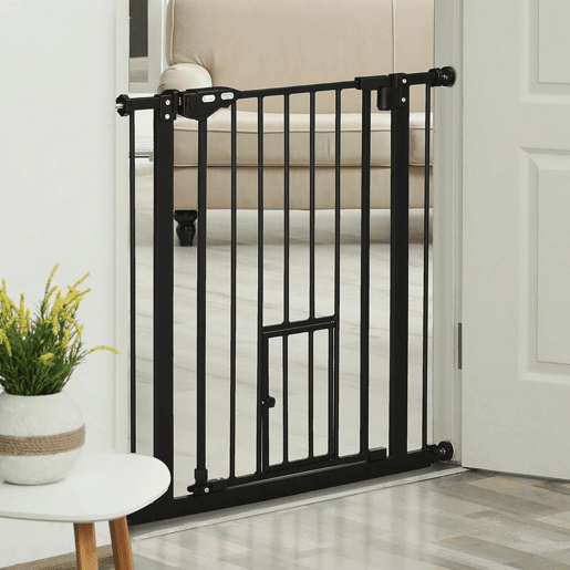 PawHut Barreira de Segurança para Cães Animais de Estimação 74-80cm para Escadas Portas e Corredor com Porta com Fechamento Automático e Sistema de Duplo Bloqueio Altura 76,2cm Preto
