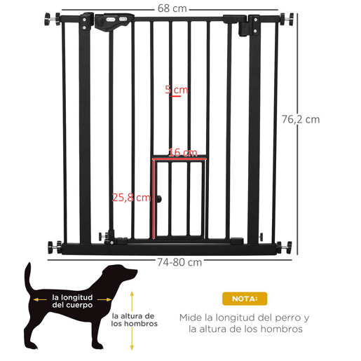 PawHut Barreira de Segurança para Cães Animais de Estimação 74-80cm para Escadas Portas e Corredor com Porta com Fechamento Automático e Sistema de Duplo Bloqueio Altura 76,2cm Preto