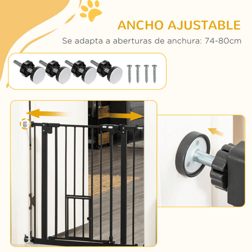 PawHut Barreira de Segurança para Cães Animais de Estimação 74-80cm para Escadas Portas e Corredor com Porta com Fechamento Automático e Sistema de Duplo Bloqueio Altura 76,2cm Preto