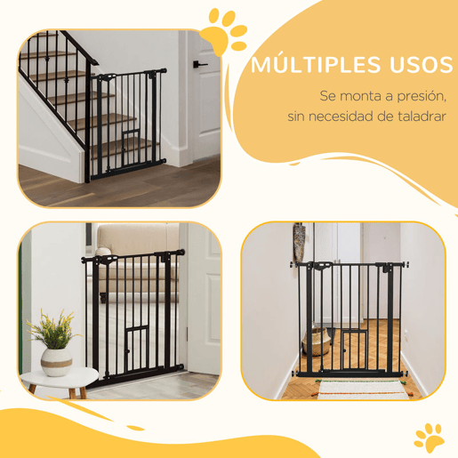 PawHut Barreira de Segurança para Cães Animais de Estimação 74-80cm para Escadas Portas e Corredor com Porta com Fechamento Automático e Sistema de Duplo Bloqueio Altura 76,2cm Preto