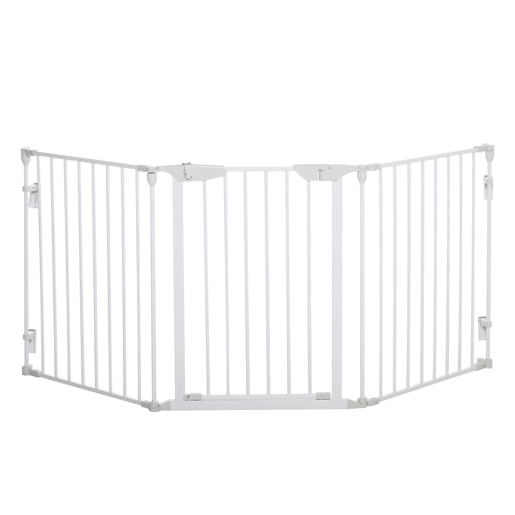 PawHut Barreira de Segurança para Animais de Estimação Barreira Dobrável de 3 Painéis com Fechadura Inteligente para Corredor Escada 180x74,5 cm Branco