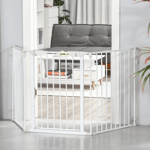 PawHut Barreira de Segurança para Animais de Estimação Barreira Dobrável de 3 Painéis com Fechadura Inteligente para Corredor Escada 180x74,5 cm Branco