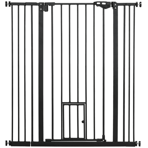 PawHut Barreira de Segurança para Cães com Porta Pequena Barreira para Animais de Estimação Extensível com Fechamento Automático e Sistema Duplo de Bloqueio 74-101x104,1 cm Preto