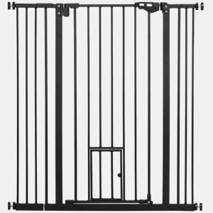 PawHut Barreira de Segurança para Cães com Porta Pequena Barreira para Animais de Estimação Extensível com Fechamento Automático e Sistema Duplo de Bloqueio 74-101x104,1 cm Preto
