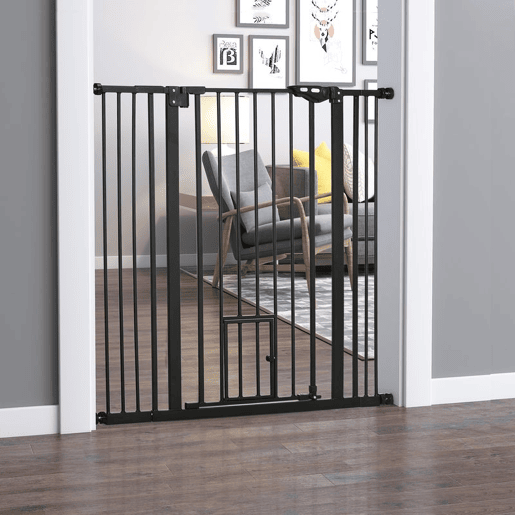 PawHut Barreira de Segurança para Cães com Porta Pequena Barreira para Animais de Estimação Extensível com Fechamento Automático e Sistema Duplo de Bloqueio 74-101x104,1 cm Preto