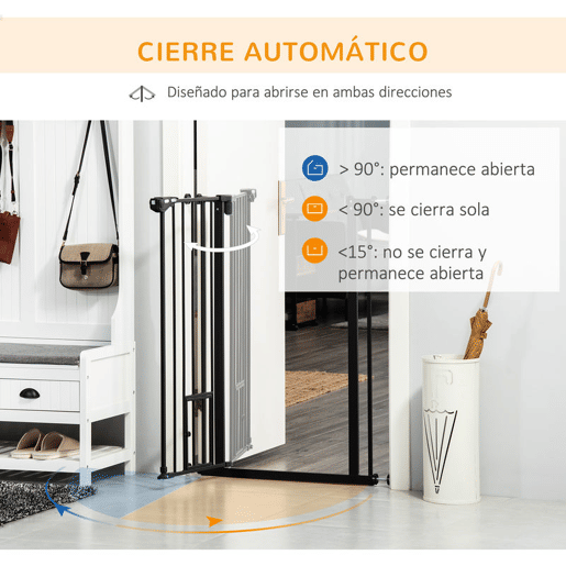 PawHut Barreira de Segurança para Cães com Porta Pequena Barreira para Animais de Estimação Extensível com Fechamento Automático e Sistema Duplo de Bloqueio 74-101x104,1 cm Preto
