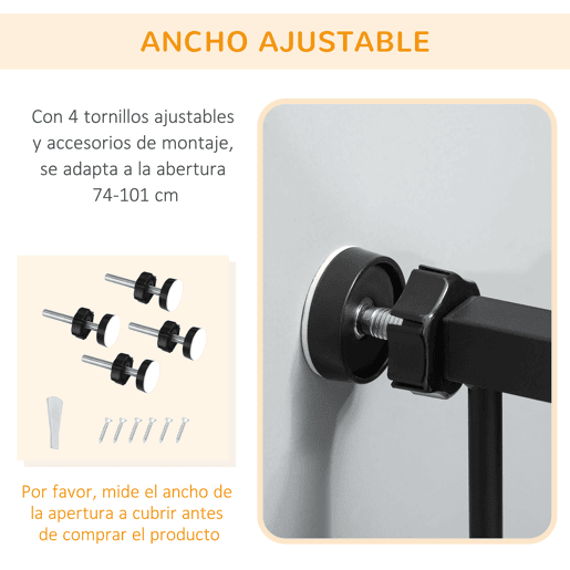 PawHut Barreira de Segurança para Cães com Porta Pequena Barreira para Animais de Estimação Extensível com Fechamento Automático e Sistema Duplo de Bloqueio 74-101x104,1 cm Preto