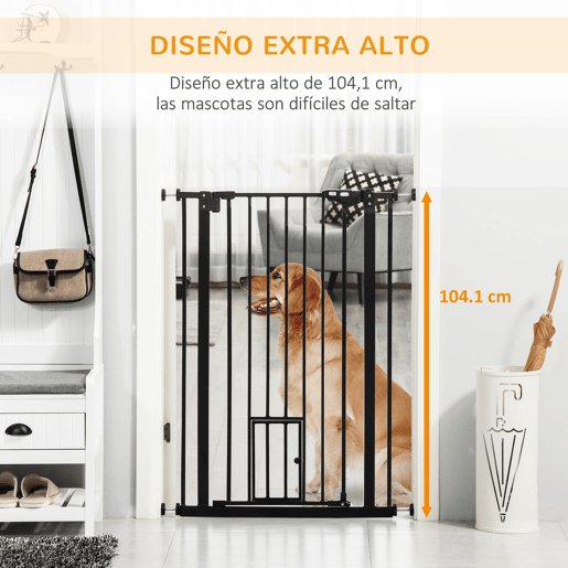 PawHut Barreira de Segurança para Cães com Porta Pequena Barreira para Animais de Estimação Extensível com Fechamento Automático e Sistema Duplo de Bloqueio 74-101x104,1 cm Preto
