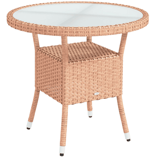 Outsunny Mesa de Vime Redonda Ø80x75 cm Mesa de Jardim com Prateleira Pés Ajustáveis Tampo de Vidro e Estrutura de Aço para Terraço e Pátio Natural
