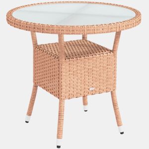 Outsunny Mesa de Vime Redonda Ø80x75 cm Mesa de Jardim com Prateleira Pés Ajustáveis Tampo de Vidro e Estrutura de Aço para Terraço e Pátio Natural