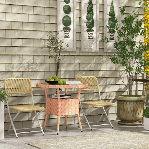 Outsunny Mesa de Vime Redonda Ø80x75 cm Mesa de Jardim com Prateleira Pés Ajustáveis Tampo de Vidro e Estrutura de Aço para Terraço e Pátio Natural