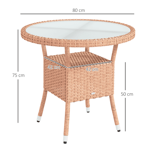 Outsunny Mesa de Vime Redonda Ø80x75 cm Mesa de Jardim com Prateleira Pés Ajustáveis Tampo de Vidro e Estrutura de Aço para Terraço e Pátio Natural