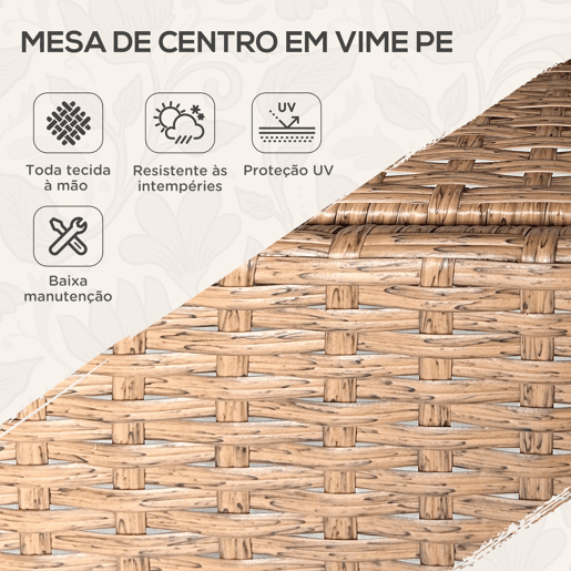 Outsunny Mesa de Vime Redonda Ø80x75 cm Mesa de Jardim com Prateleira Pés Ajustáveis Tampo de Vidro e Estrutura de Aço para Terraço e Pátio Natural
