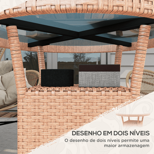 Outsunny Mesa de Vime Redonda Ø80x75 cm Mesa de Jardim com Prateleira Pés Ajustáveis Tampo de Vidro e Estrutura de Aço para Terraço e Pátio Natural