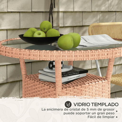 Outsunny Mesa de Vime Redonda Ø80x75 cm Mesa de Jardim com Prateleira Pés Ajustáveis Tampo de Vidro e Estrutura de Aço para Terraço e Pátio Natural