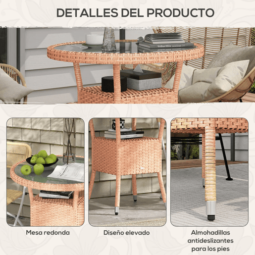 Outsunny Mesa de Vime Redonda Ø80x75 cm Mesa de Jardim com Prateleira Pés Ajustáveis Tampo de Vidro e Estrutura de Aço para Terraço e Pátio Natural