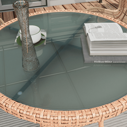 Outsunny Mesa de Vime Redonda Ø80x75 cm Mesa de Jardim com Prateleira Pés Ajustáveis Tampo de Vidro e Estrutura de Aço para Terraço e Pátio Natural