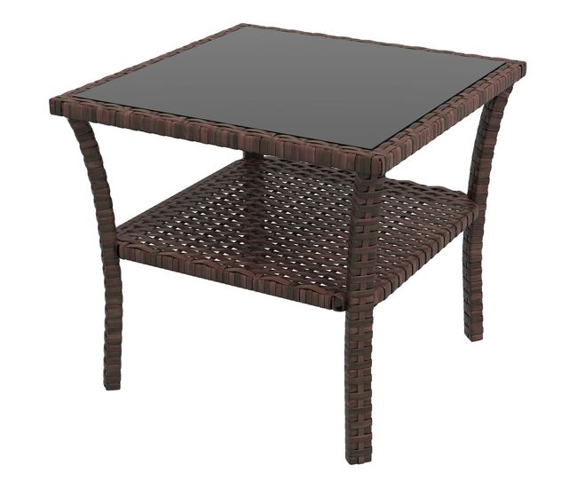 Outsunny mesa de ratán sintético cuadrada 50x50x45 cm mesa de jardín con estante encimera de vidrio y marco de acero carga 30 kg para terraza patio marrón