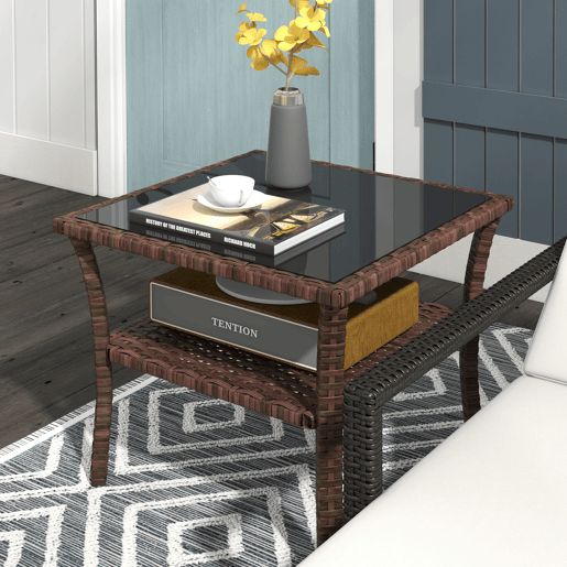 Outsunny Mesa de Vime Quadrada 50x50x45 cm Mesa de Jardim e Prateleira Tampo de Vidro e Estrutura de Aço Suporta 30 kg para Terraço Pátio Castanho