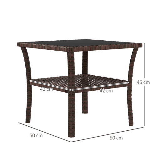 Outsunny Mesa de Vime Quadrada 50x50x45 cm Mesa de Jardim e Prateleira Tampo de Vidro e Estrutura de Aço Suporta 30 kg para Terraço Pátio Castanho