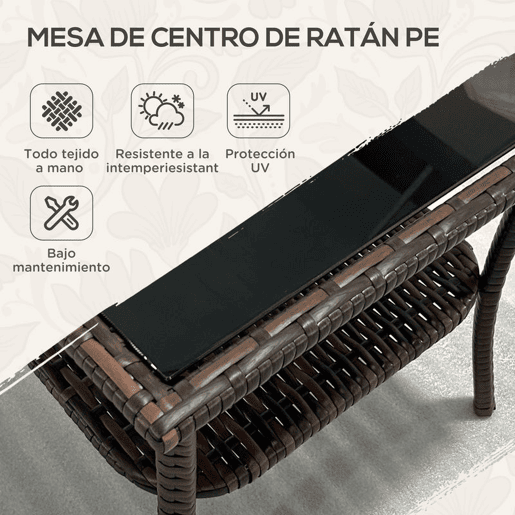 Outsunny Mesa de Vime Quadrada 50x50x45 cm Mesa de Jardim e Prateleira Tampo de Vidro e Estrutura de Aço Suporta 30 kg para Terraço Pátio Castanho