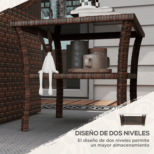 Outsunny Mesa de Vime Quadrada 50x50x45 cm Mesa de Jardim e Prateleira Tampo de Vidro e Estrutura de Aço Suporta 30 kg para Terraço Pátio Castanho