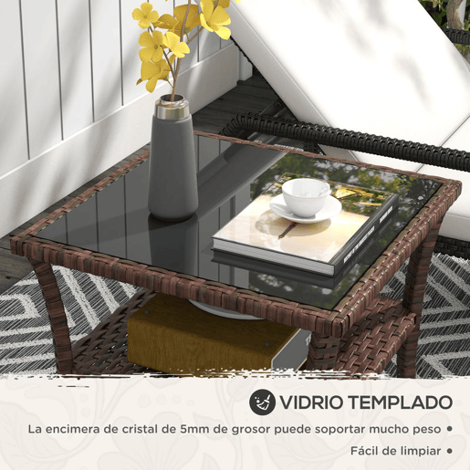 Outsunny Mesa de Vime Quadrada 50x50x45 cm Mesa de Jardim e Prateleira Tampo de Vidro e Estrutura de Aço Suporta 30 kg para Terraço Pátio Castanho