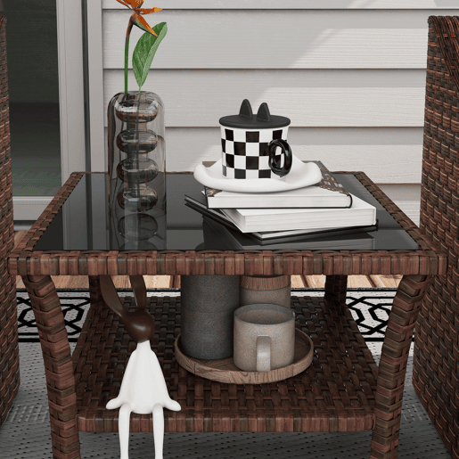 Outsunny Mesa de Vime Quadrada 50x50x45 cm Mesa de Jardim e Prateleira Tampo de Vidro e Estrutura de Aço Suporta 30 kg para Terraço Pátio Castanho