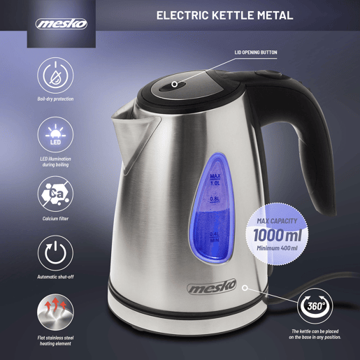Mesko MS1351 Jarro Eléctrico 1,0 L, Chaleira Eléctrica, Aço Inoxidável sem BPA, Sem Fios, 1630, Prata
