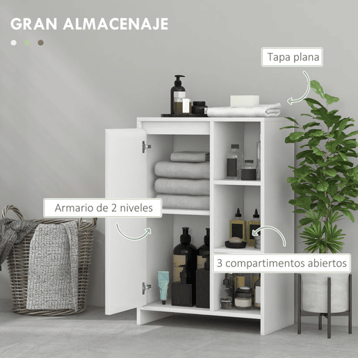HOMCOM Móvel Auxiliar de Casa de Banho Armário Casa de Banho com Prateleiras Abertas Porta e Prateleira Ajustável para Sala de Estar Dormitório 53x30x80 cm Branco