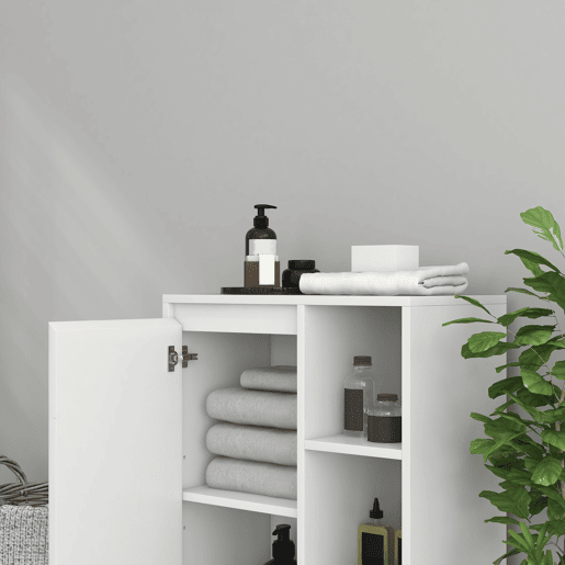 HOMCOM Móvel Auxiliar de Casa de Banho Armário Casa de Banho com Prateleiras Abertas Porta e Prateleira Ajustável para Sala de Estar Dormitório 53x30x80 cm Branco