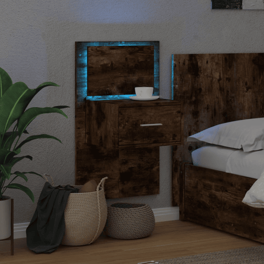 vidaXL Mesa de cabeceira de parede com luzes LED carvalho fumado