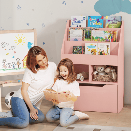 HOMCOM Estante de Madeira para Brinquedos com 3 Compartimentos 2 Prateleiras e Gaveta Móvel com 4 Rodas Estante para Livros Infantil para Dormitório Infantil Sala de Jogos 60x29,9x90 cm Rosa