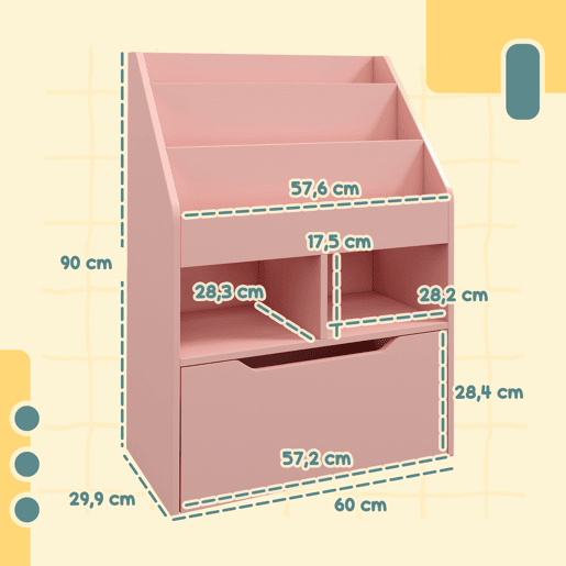 HOMCOM Estante de Madeira para Brinquedos com 3 Compartimentos 2 Prateleiras e Gaveta Móvel com 4 Rodas Estante para Livros Infantil para Dormitório Infantil Sala de Jogos 60x29,9x90 cm Rosa