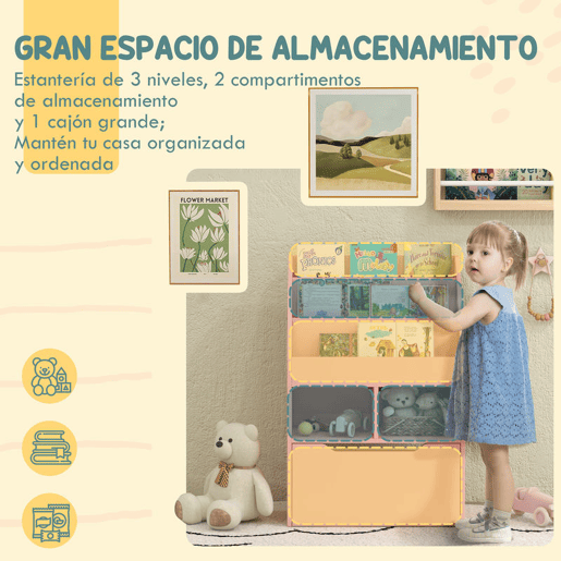 HOMCOM Estante de Madeira para Brinquedos com 3 Compartimentos 2 Prateleiras e Gaveta Móvel com 4 Rodas Estante para Livros Infantil para Dormitório Infantil Sala de Jogos 60x29,9x90 cm Rosa