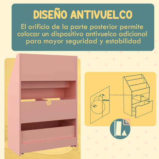 HOMCOM Estante de Madeira para Brinquedos com 3 Compartimentos 2 Prateleiras e Gaveta Móvel com 4 Rodas Estante para Livros Infantil para Dormitório Infantil Sala de Jogos 60x29,9x90 cm Rosa