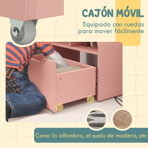 HOMCOM Estante de Madeira para Brinquedos com 3 Compartimentos 2 Prateleiras e Gaveta Móvel com 4 Rodas Estante para Livros Infantil para Dormitório Infantil Sala de Jogos 60x29,9x90 cm Rosa