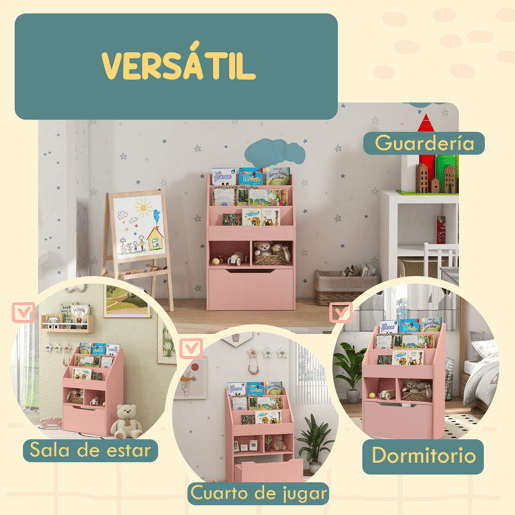 HOMCOM Estante de Madeira para Brinquedos com 3 Compartimentos 2 Prateleiras e Gaveta Móvel com 4 Rodas Estante para Livros Infantil para Dormitório Infantil Sala de Jogos 60x29,9x90 cm Rosa